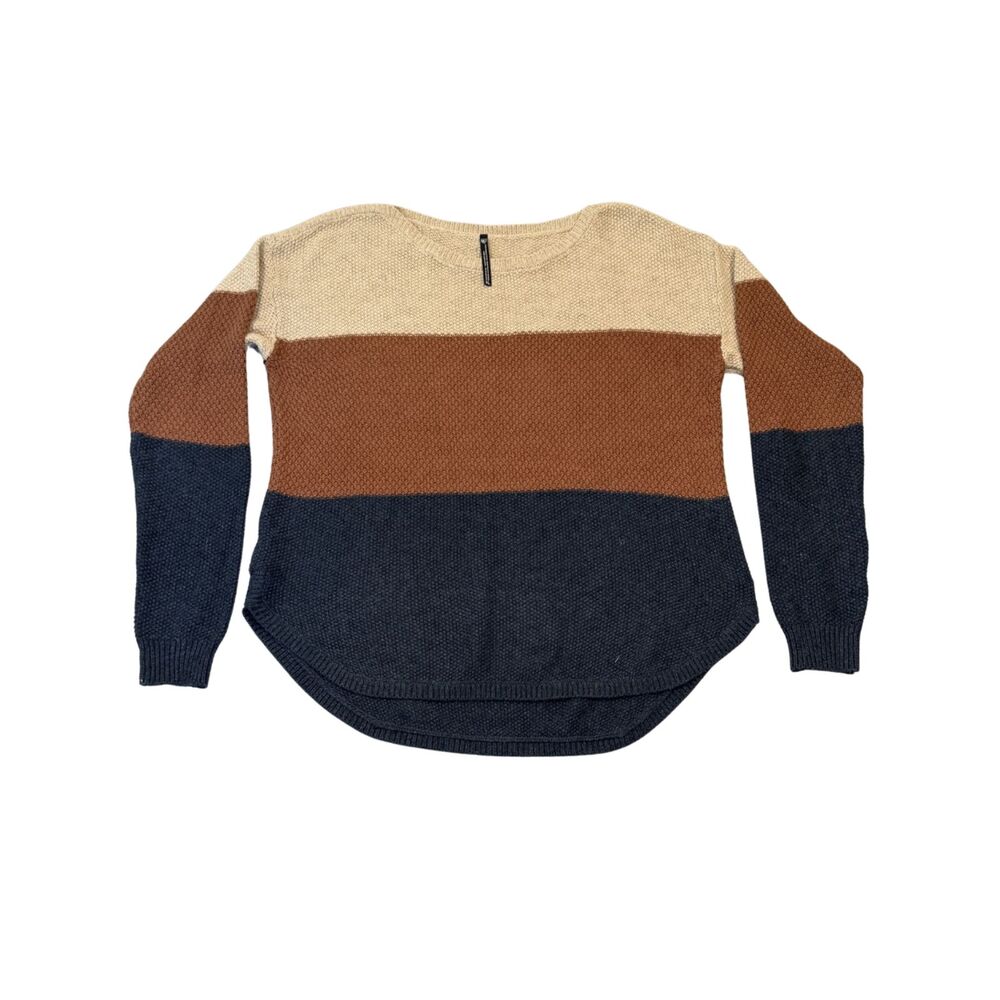 Kuhl Tan Brown Navy Bella Stripe Colorblock Knit Sweater XL Cotton/Wool Blend